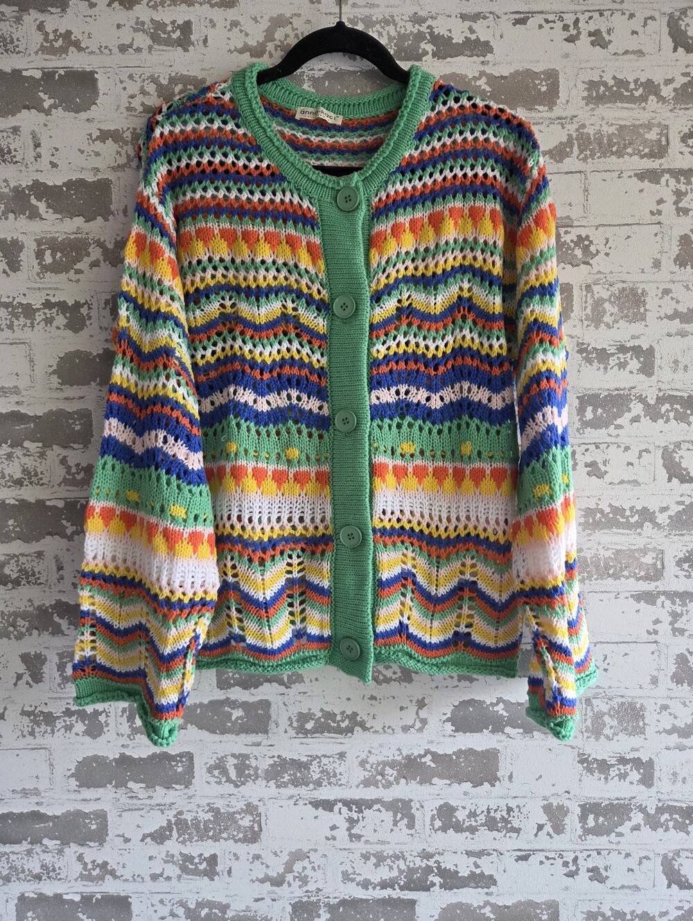 Anna-Kaci Crochet Open Knit Rainbow Striped Cardigan Sweater Size L